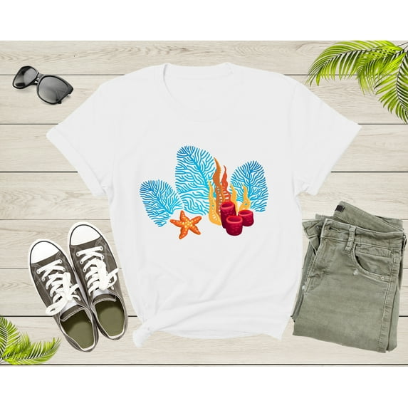 Bright Red Blue Coral Seaweed Marine Life Sea Life Starfish T-Shirt Coral Reef Shirt for Men Women Kids Boys Girls Teens Graphic Tshirt