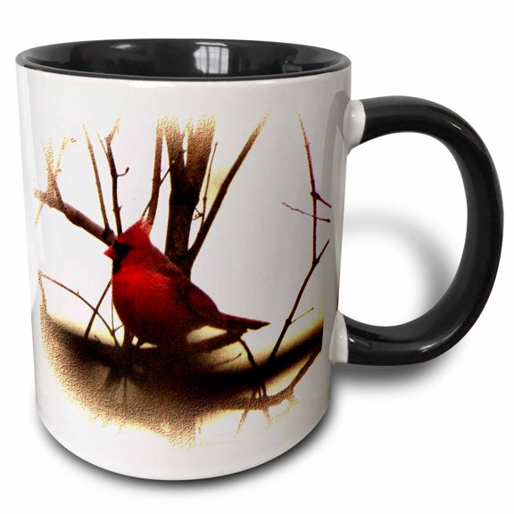 3drose, Bright Red Cardinal on Branch Vignette, 15oz Two-tone Black Mug