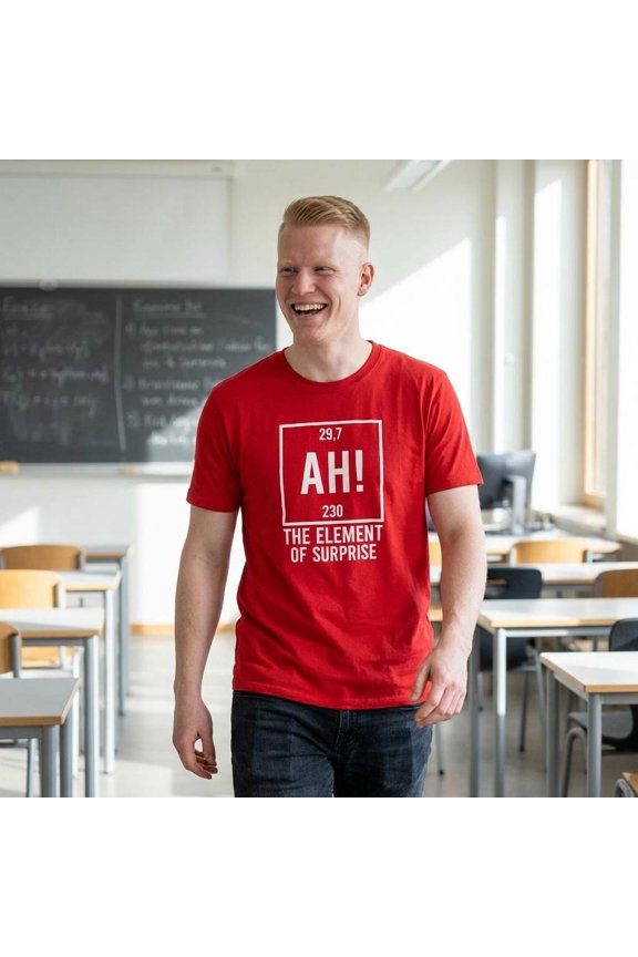 Bright Red Chemistry Joke T-Shirt Featuring 'AH!' and 'THE ELEMENT OF SURPRISE' Design for Science Lovers