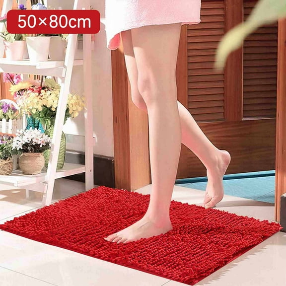 Bright Red Chenille Living Room Bathroom Absorbent Floor Mat (50×80Cm) D - Cushion, Polyester One Size