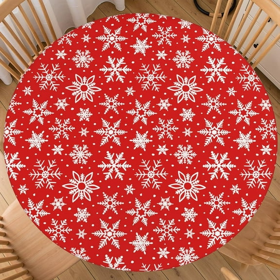 Bright Red Christmas Round Fitted Tablecloth with Elastic for 40-44 Inch Tables White Winter Snowflake Print Xmas Holiday Fitted Table Cover Waterproof Farmhouse Indoor Outdoor Patio Picnic Party