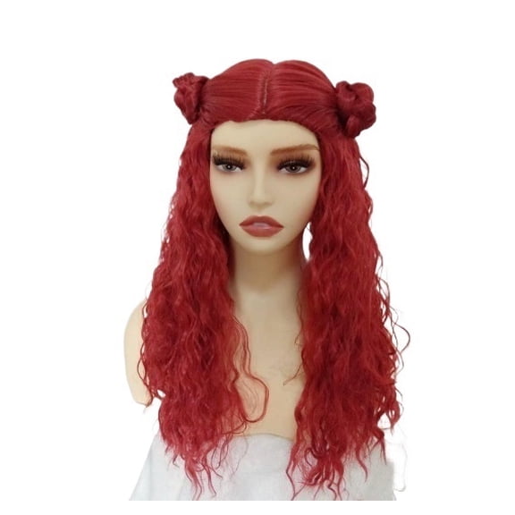 Bright Red Double Bun Head Long Curly Hair Wigs - Twisted Braid Cosplay Hairpiece for Parties and Festivals