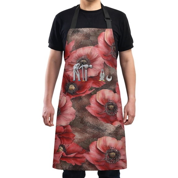 Bright Red Flowers Art Chef Kitchen Apron with Pockets for Women Waterproof Aprons for Cooking Baking