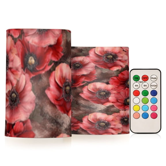 Bright Red Flowers Art Flickering Flameless Candles Battery Operated with Remote Timer LED Pillar Candles Set of 2