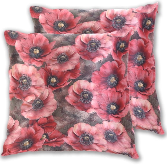 Bright Red Flowers Art Throw Pillow Covers 16x16 Inch 2 Packs Decorative Square for Living Room Couch Bed Sofa