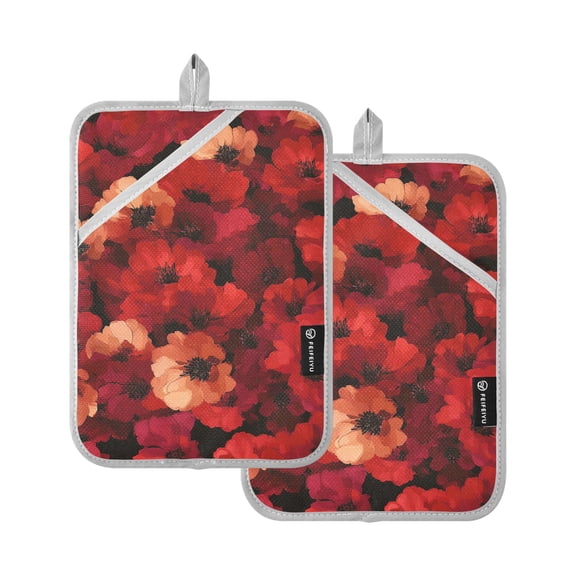 Bright Red Flowers Oven Mitts Pot Holders 2 pcs Heat Resistant for Kitchen Baking Grilling