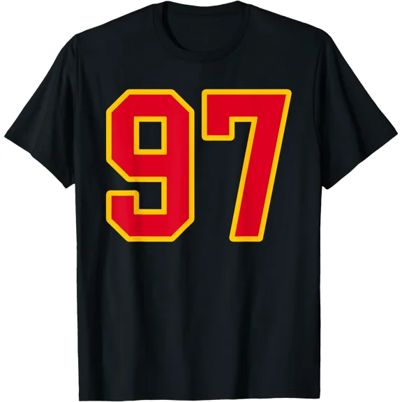 Bright Red Gold Number 97 Player Uniform #97 T-Shirt