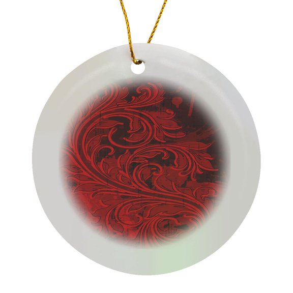 3drose, Bright Red Grunge Flourish, Circle Porcelain Ornament