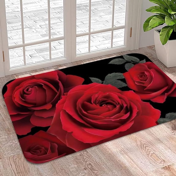 Bright Red Rose Door Mat Welcome Decorative Doormat Non Slip Indoor Entryway Floor Mats Home Bathroom Decor 16*24in