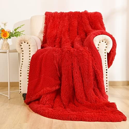 Bright Red Throw Blankets 50"x60", Soft Sherpa Shaggy Blankets, Cozy Lightweight Fluffy Faux Fur Blankets for Bed Couch Sofa