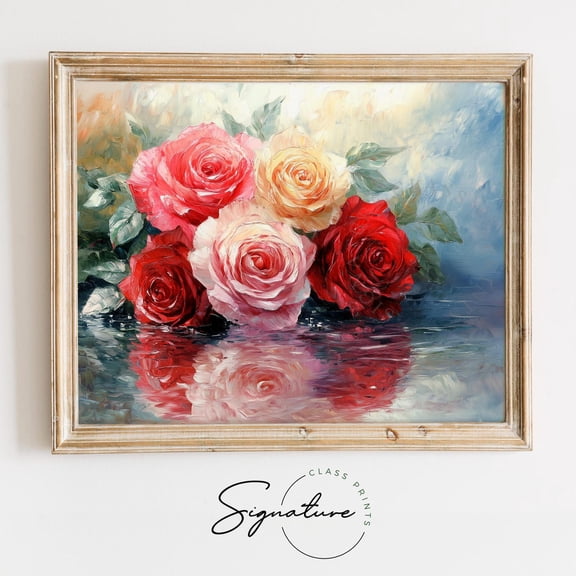 Bright Red and Pink Roses, Romantic Valentines Floral Wall Art, Cottagecore Botanical Decor, work 3576 Unframed Paper Print