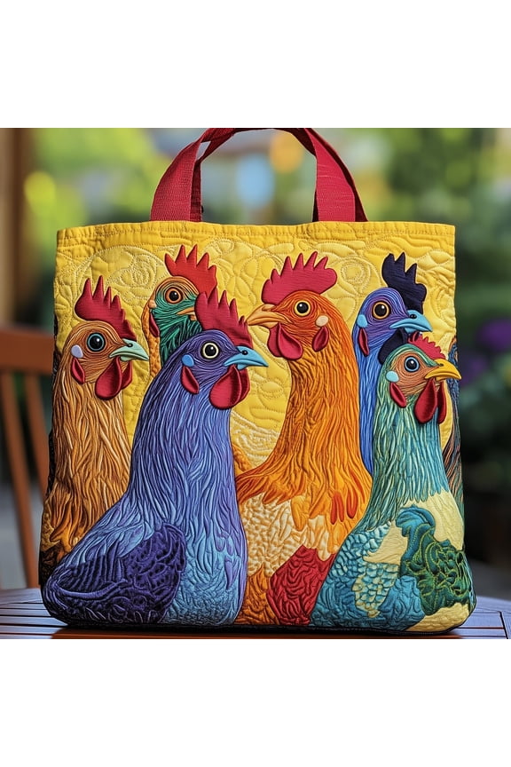 Bright Rooster Quilted Tote Bag, Colorful Farm Chicken Pattern Shoulder Tote, Cottagecore Bag