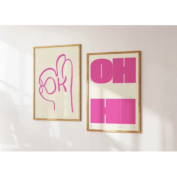 Bright Rose Typography Wall Art Print Set With Neon Retro Mid Century Decor
