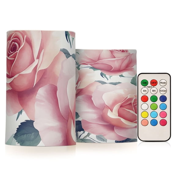 Bright Roses Flickering Flameless Candles Battery Operated with Remote Timer LED Pillar Candles Set of 2