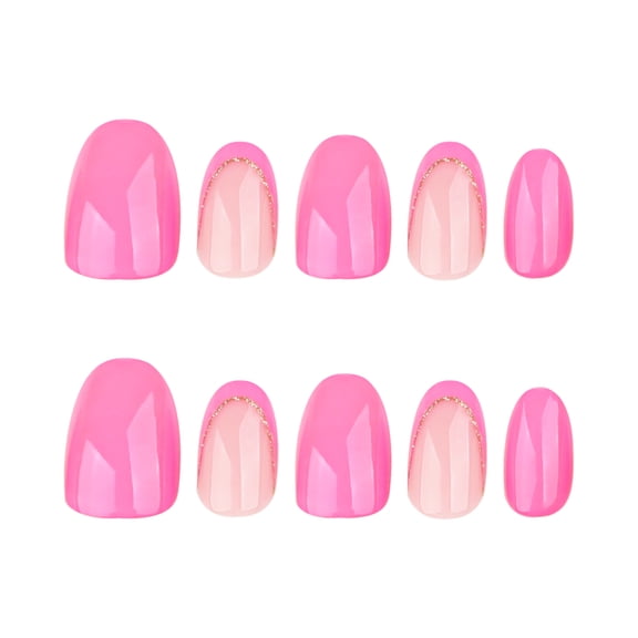 Bright & Sheer Pink French Tip Two-Tone Press on Nails with Gold Glitter Accent, Short Squoval Glossy Fake Nails, 24 Count