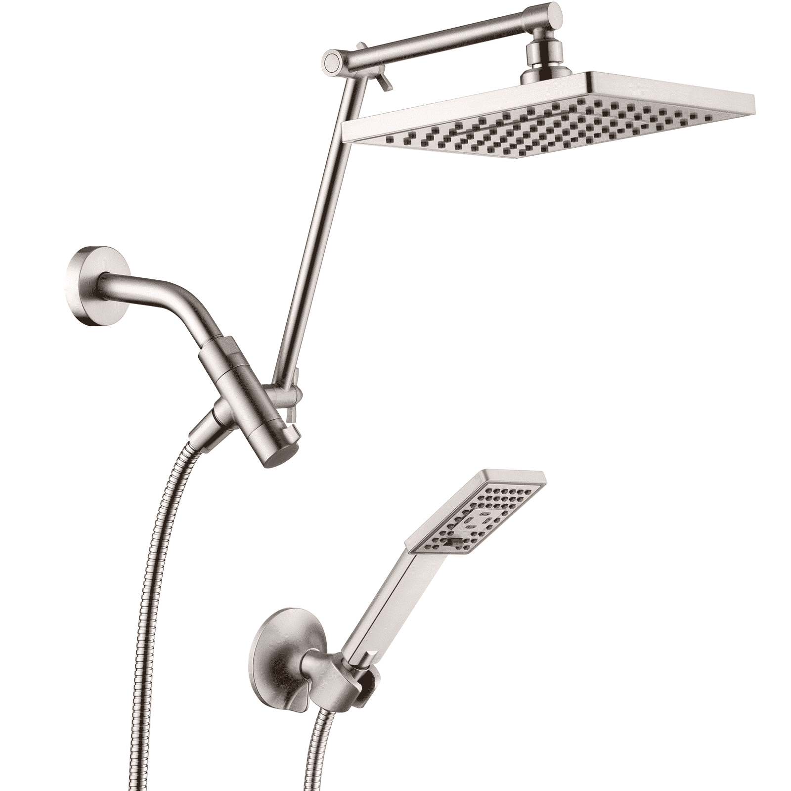 Bright Showers High Pressure Rain Shower Head Combo with Double Extension Arm, 8 Inch Rainfall Shower Head with Handheld Spray, Height Adjustable Dual Square Showerhead Set, Brushed Nickel