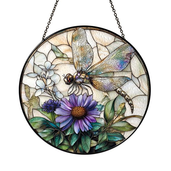 Bright Silver Dragonfly Purple Aster Suncatcher Round Ornament Decor