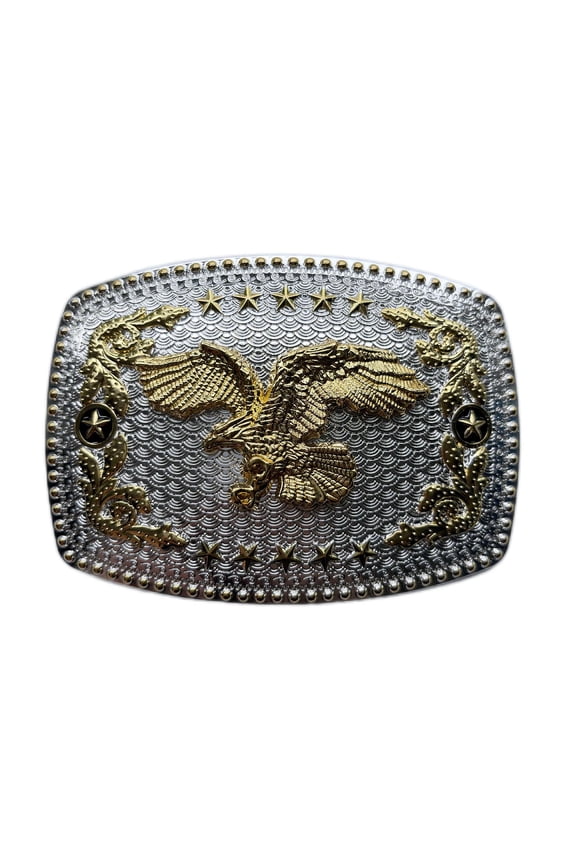 Bright Silver With Gold Fly Eagle Rodeo Star Cowboy Cowgirl Rectangle Belt Buckle