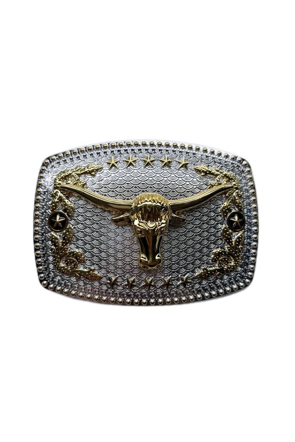 Bright Silver With Gold Longhorn Bull Rodeo Star Cowboy Cowgirl Rectangle Belt Buckle