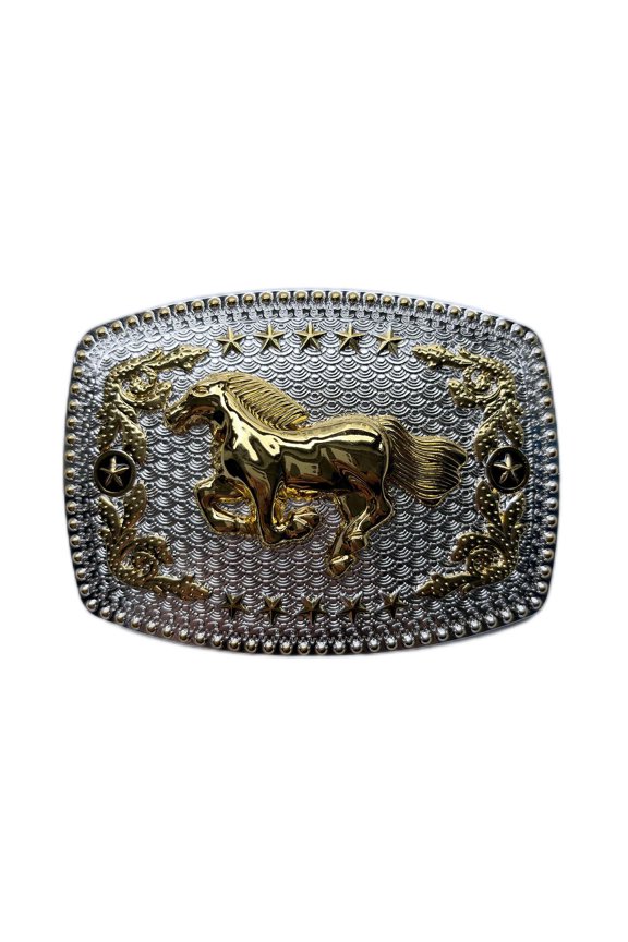 Bright Silver With Gold Running Horse Rodeo Star Cowboy Cowgirl Rectangle Belt Buckle