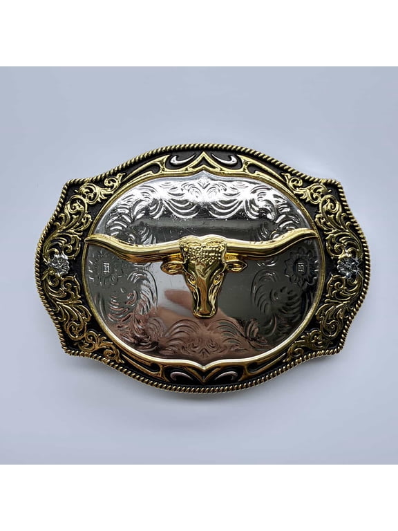 Bright Silver With Gold Two-Tone Longhorn Bull Trophy Rodeo Cowboy Cowgirl Belt Buckle Hebilla