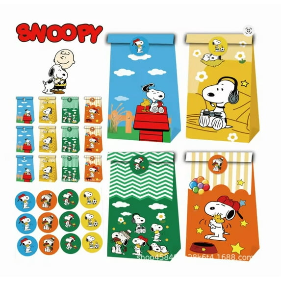 Bright Snoopy Happy Birthday Party Favor Paper Bags Recyclable - 12 pieces. Snoopy Birthday Party Supplies Decoration