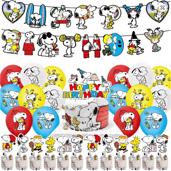 Bright* Snoopy Theme Birthday Party Supplies Decoration - Set of Balloons, Banner, Cake Topper and Cupcake Toppers