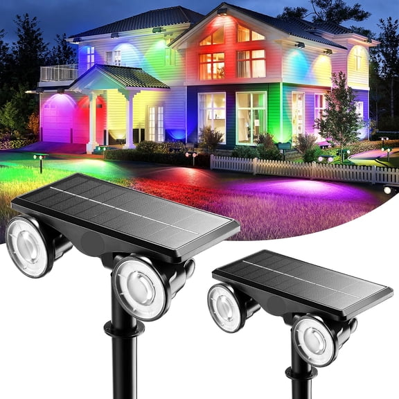 Bright Solar Spot Lights Outdoor, IP68 Waterproof Dual-Head Landscape Lights, RGB Color, Industrial Monocrystalline Panel, 350 Adjustable LED Uplights for Garden Yard Tree Pathway Decor, 2 Packs