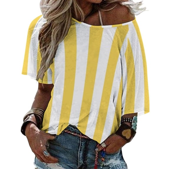 Bright Soleil Yellow And White Vertical Cabana Stripes Lotus Leaf Neck T-Shirt Long Sleeve Women'S T Shirt Elegant Fashion Tops