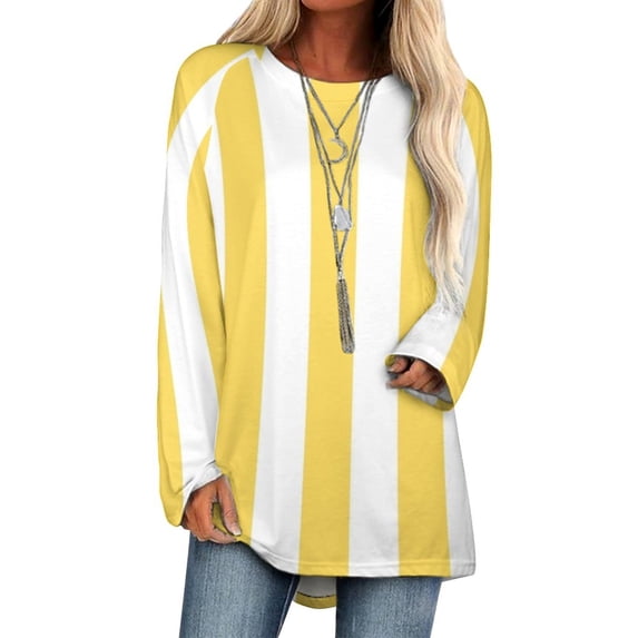 Bright Soleil Yellow And White Vertical Cabana Stripes Lotus Leaf Neck T-Shirt Long Sleeve Women'S T Shirt Elegant Fashion Tops