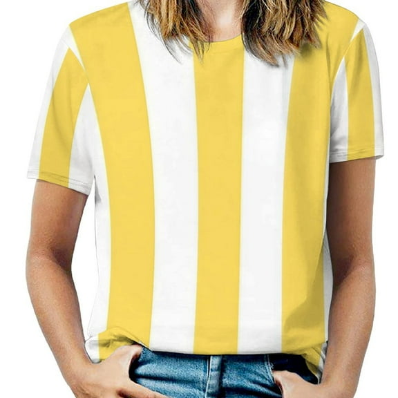 Bright Soleil Yellow And White Vertical Cabana Stripes Women's T-Shirt Short Sleeve T Shirts Tops Tee Ladies Loose T
