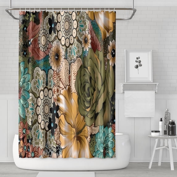 Bright Spring Bloom Bathroom Curtain 72x72, Colorful Floral and Garden Print on Fast-Dry Polyester with Hooks