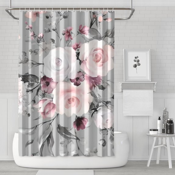 Bright Spring Floral Bathroom Curtain, 72x72 Polyester, Wildflower and Rose Print with Butterfly and Hooks