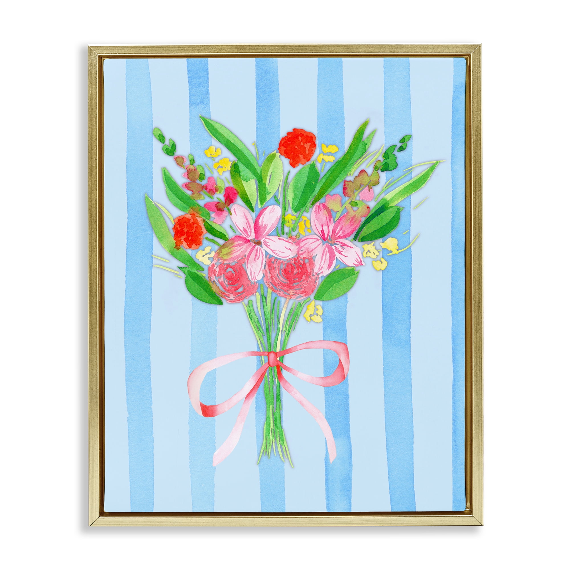 Bright Springy Bouquet Stripes Gold Framed Floater Canvas Wall Art, design by Nina Jacobs