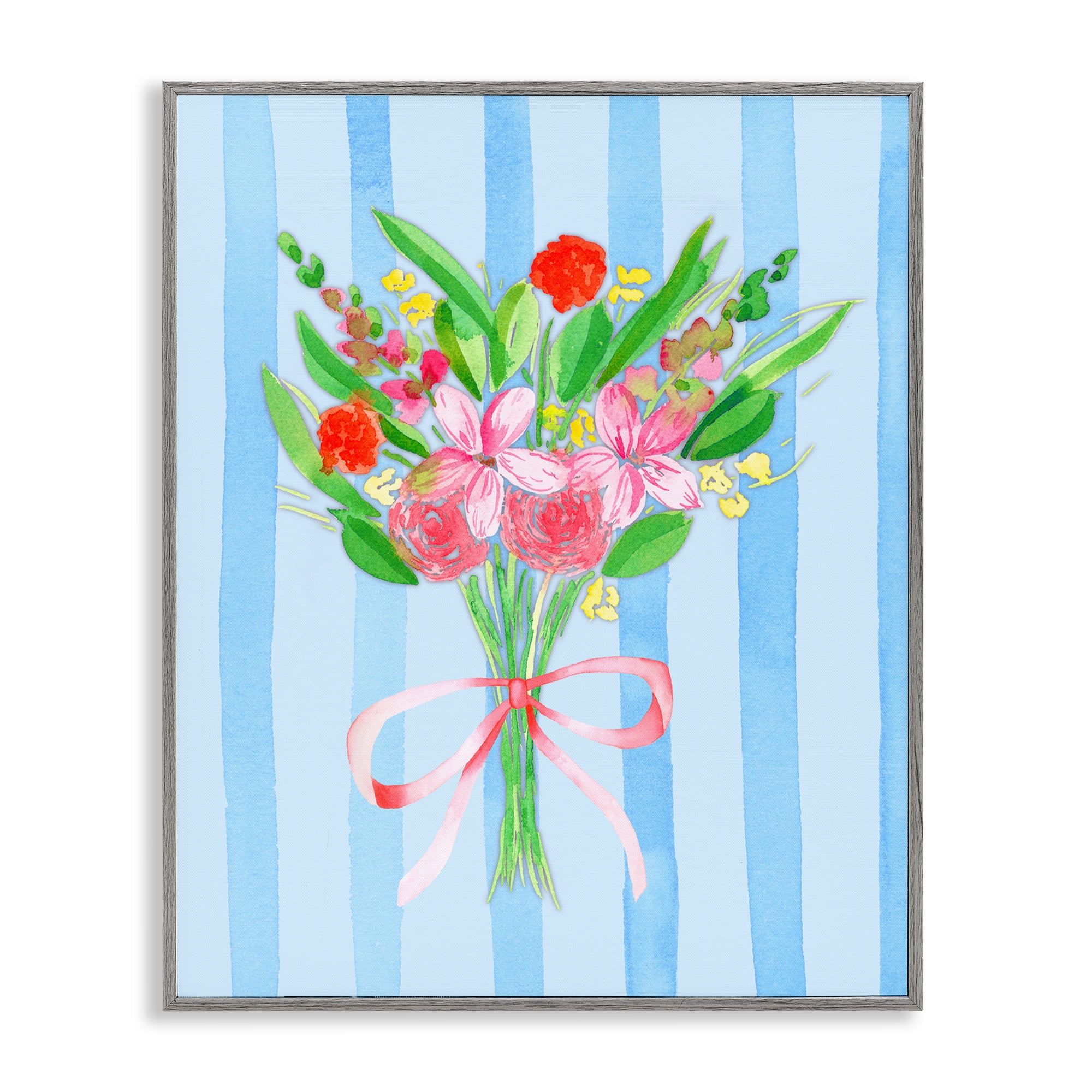 Bright Springy Bouquet Stripes Gray Framed Giclee Art, design by Nina Jacobs