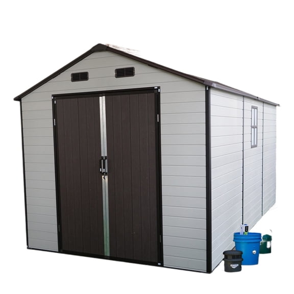 Bright & Stable 8x14 FT Resin Storage Shed with Windows, Reinforced Aluminum Frame & Floor for All-Weather Garden & Patio Storage