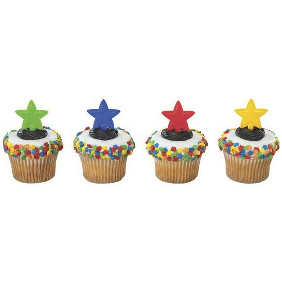 Bright Star Assorted Blue Red Green Yellow -24pk Cupcake / Desert / Food Decoration Topper Picks with Favor Stickers & Sparkle Flakes