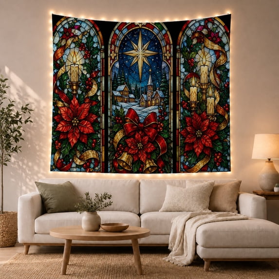 Bright Star with Poinsettias and Red Birds, Joyful Illustration for Winter Decor Lovers, Stained Glass Wall Art, Christmas Gift, Tapestry Wall Hanging for Bedroom and Dorm
