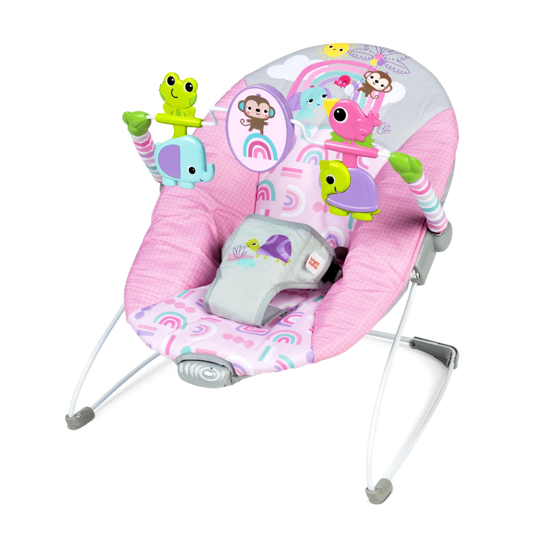 Bright Starts Pink Paradise Portable Baby Bouncer with Vibrations, Newborn, Unisex