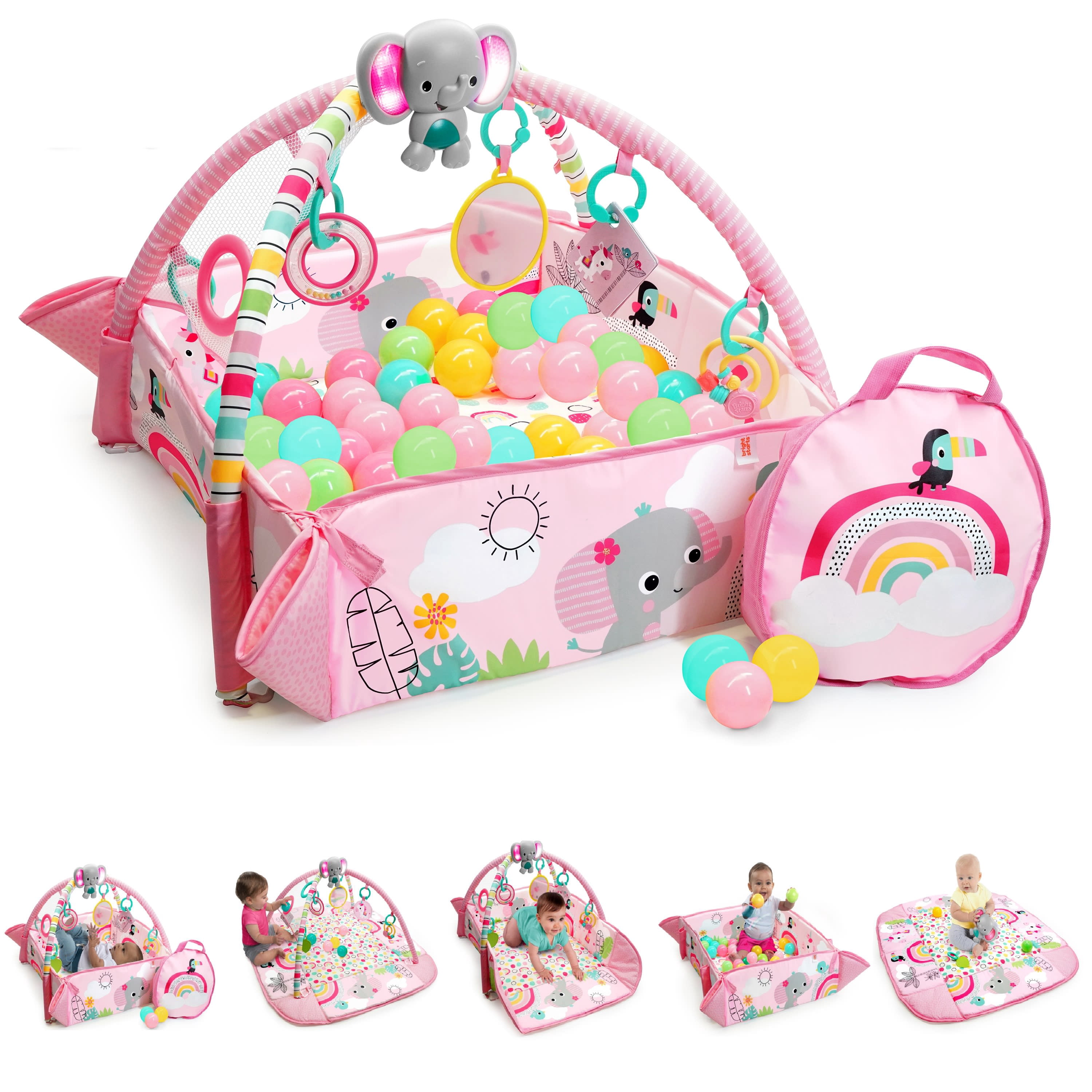 Bright Starts 5-in-1 Your Way Ball Play Baby Activity Play Gym & Ball Pit, includes 7 toys, Newborn to Toddler - Rainbow Tropics (Pink)