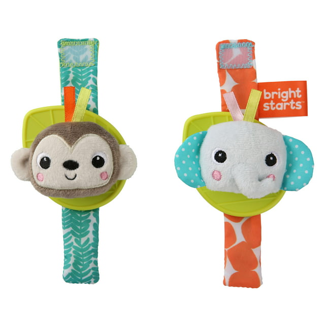 Bright Starts Rattle & Teethe BPA-free Baby Wrist Pals Toy - Monkey & Elephant, Ages Newborn+
