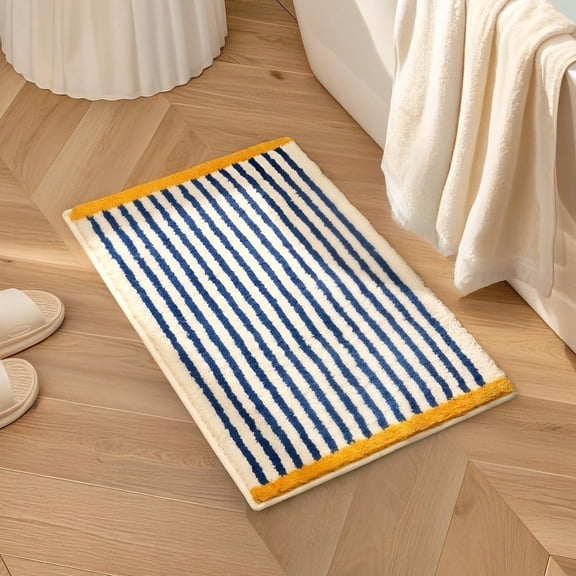 Bright Striped Chenille Bathroom Mat, Blue & White with Yellow Border, Non-Slip