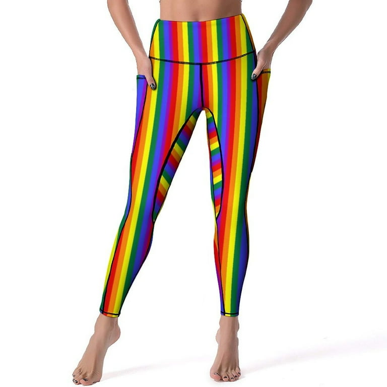 Bright Striped Leggings Colorful Stripes Print Fitness Yoga Pants Push Up Stretch Sports Tights Pockets Elegant Design Leggins Walmart