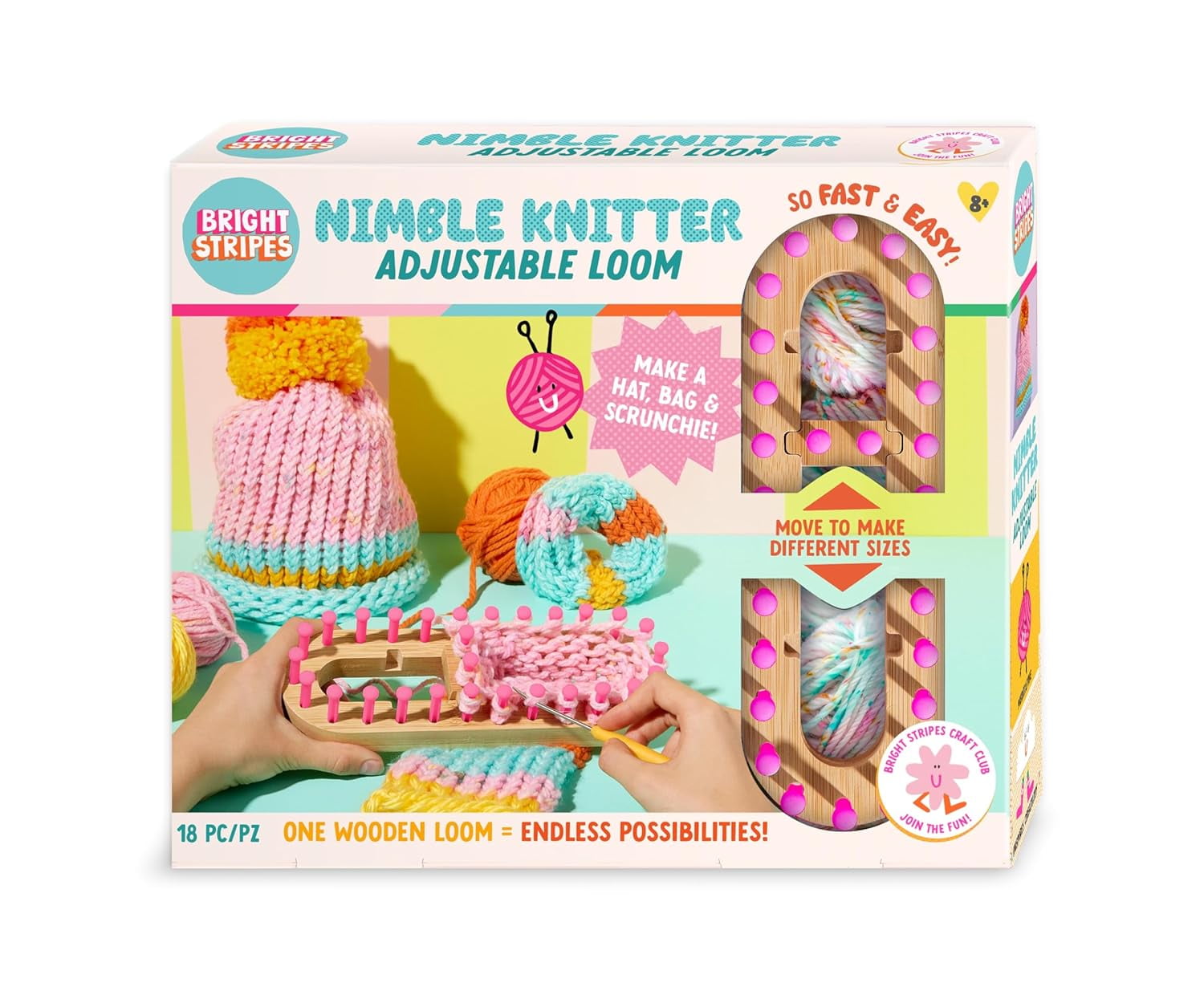 Bright Stripes - Nimble Knitter Adjustable Loom: Make a Hat, Bag & Scrunchie!