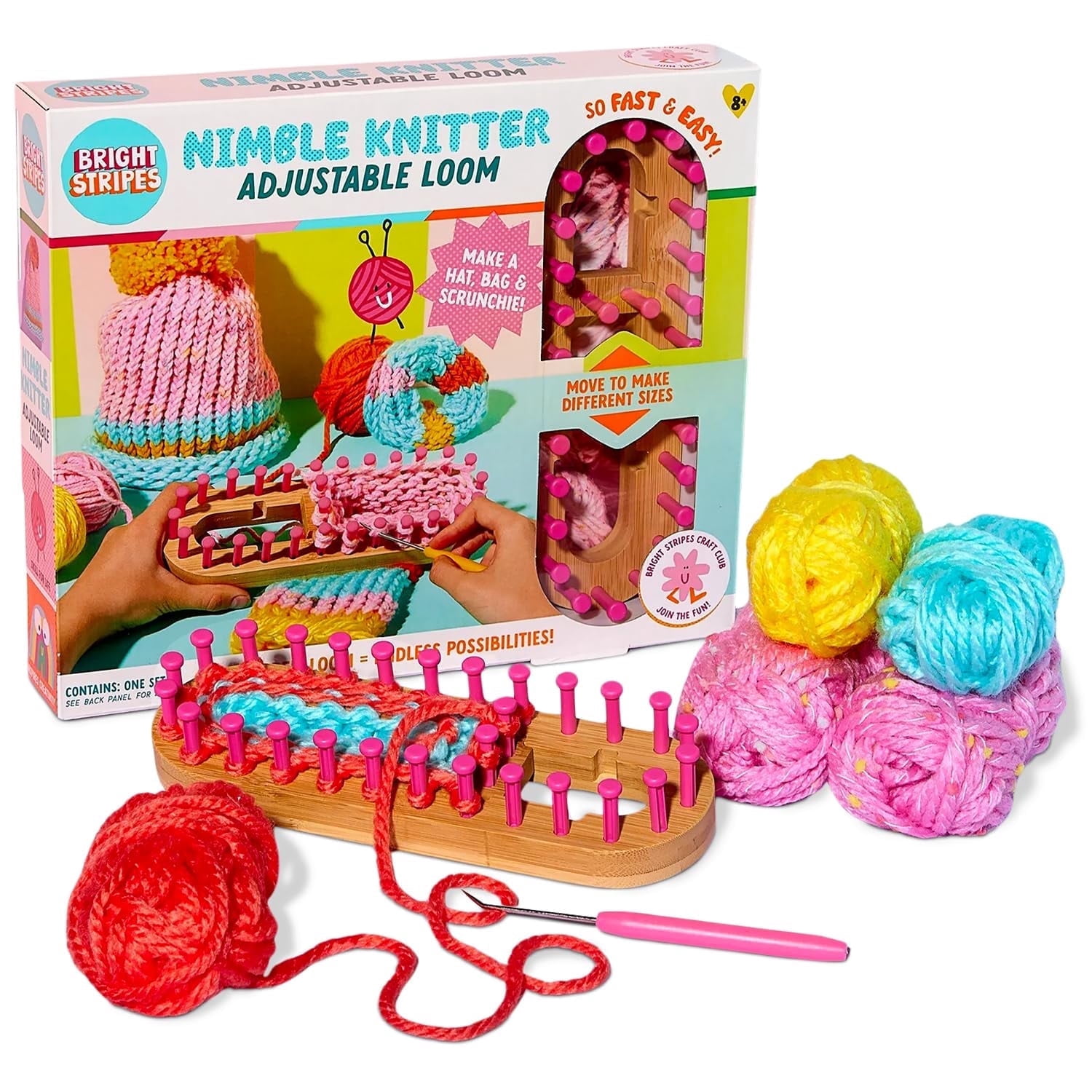 Bright Stripes Nimble Knitter Kit| 4-in-1 Adjustable Bamboo Loom with Chunky Yarn & Guide| DIY Craft Set to Make Scrunchies, Hats, Bags & More| Great for All Ages