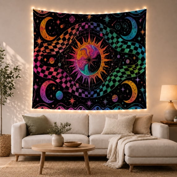 Bright Sun Among Wavy Checks and Crescent Moons, Playful Psychedelic for Space Lovers, Cosmic Wall Art, Housewarming Gift, Tapestry Wall Hanging for Gaming Room and Studio