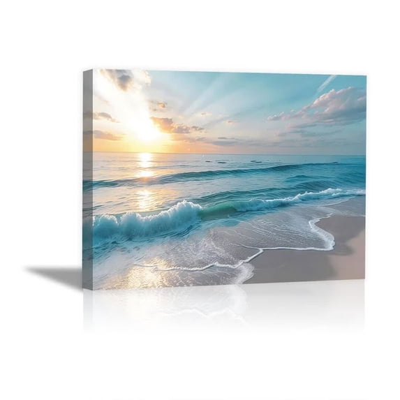 Bright Sun Turquoise Ocean Wave Framed Wrapped Canvas Posters for Kitchen Bathroom Dorm Decor, Ready to Hang12"L x 8"W