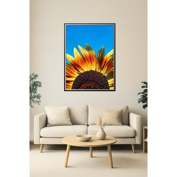 Bright Sunflower Close-Up Wall Art – Vibrant Yellow and Red Petals Against Blue Sky Photography Print for Modern Nature Decor 【Rolled Canvas】