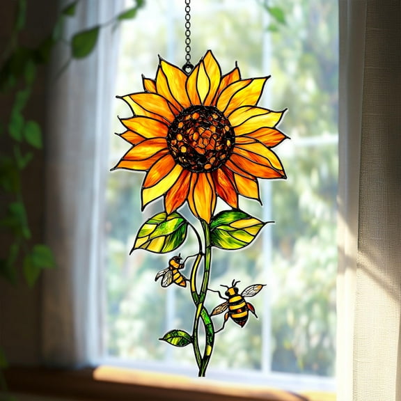 Bright Sunflower Faux Stained Glass Suncatcher â€“ Acrylic Hanging Window Decor with Bumblebees, Nature-Inspired Gift for Bee and Flower Lover