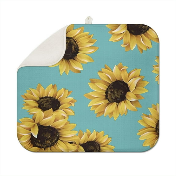 Bright Sunflower Floral Dish Drying Mat, Microfiber Kitchen Pad, Foldable and Absorbent Dish Rack Mat for Daily Kitchen Use, 16x18 Inch